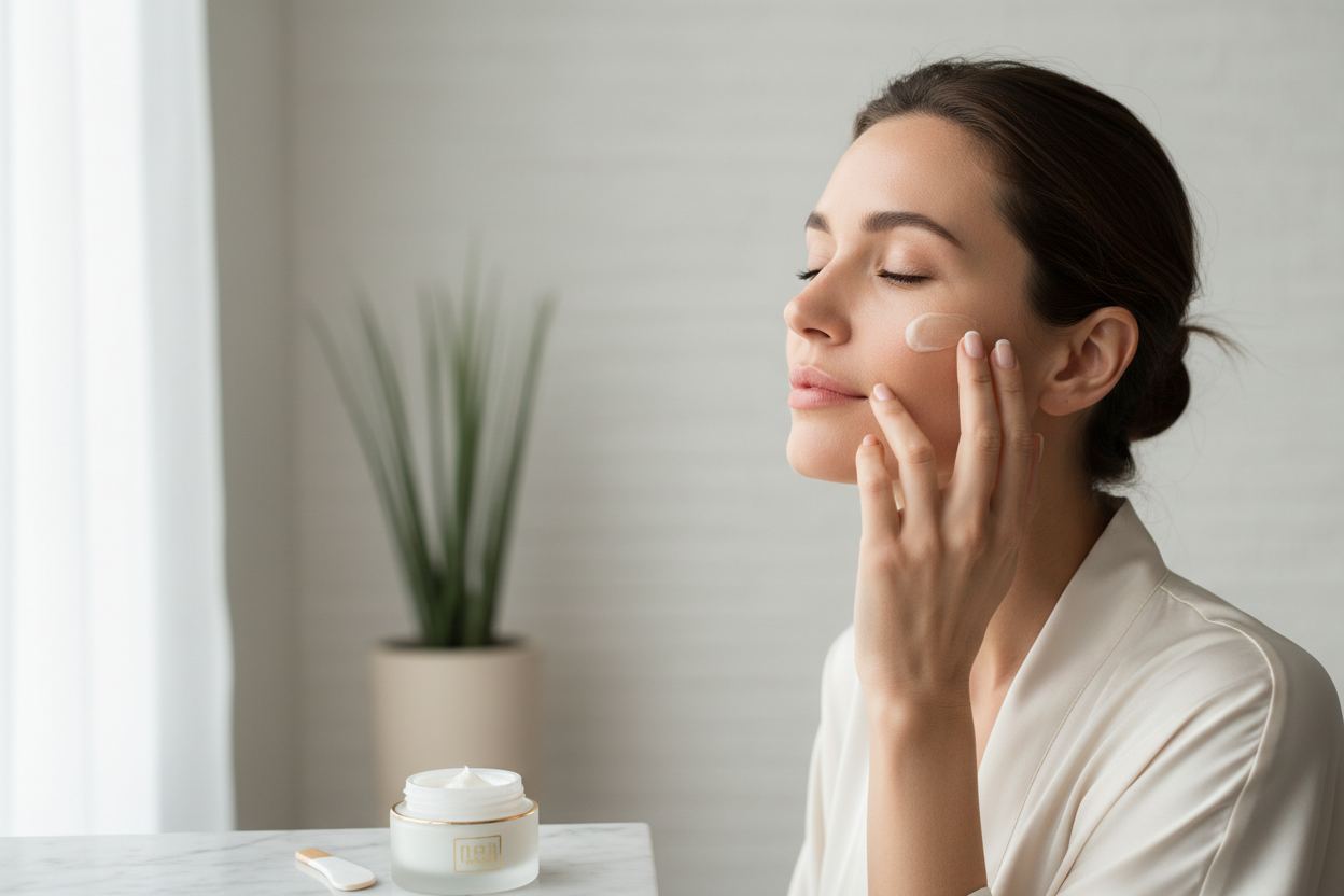 Woman applying skincare